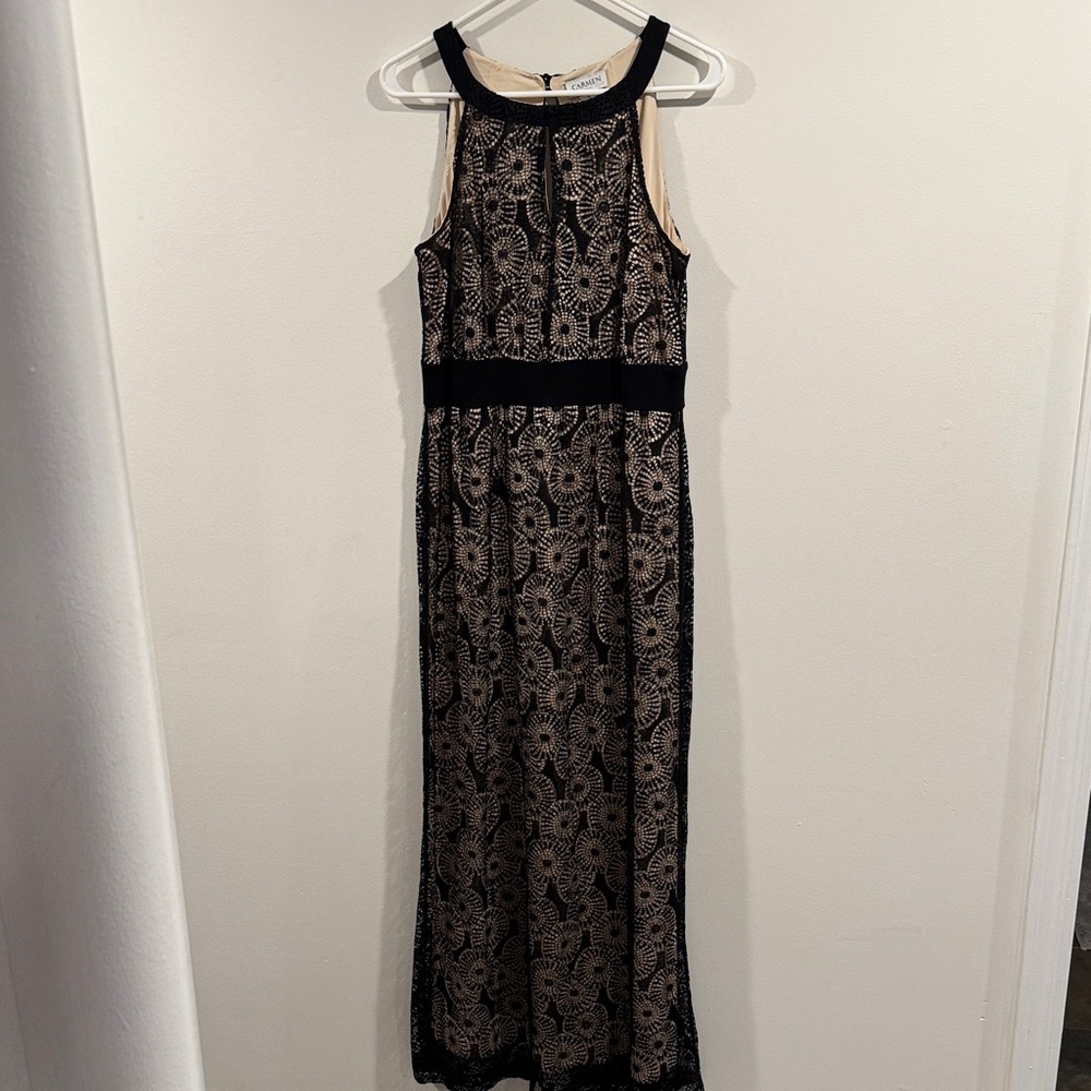 Carmen Marc Valvo Black and Tan Maxi Dress